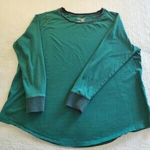 Terra & Sky Women's Plus Size Striped Long Sleeve T-Shirt. Green navy blue 1X
